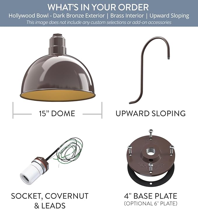 Steel Lighting Co. Hollywood Bowl Light | Outdoor Wall Mounted | 15 inch Bowl Dome | Upward Sloping Gooseneck | Barn Light Made in America | Dark Bronze Exterior/Brass Interior