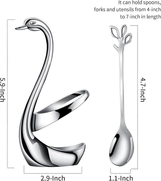 AnSaw Silver Swan Base With 10-Pcs Mini Leaf Coffee Spoon Holder Set-4.7" | - Image 2