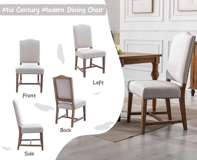 CIMOTA Mid Century Modern Dining Chairs Set of 2, Farmhouse Upholstered Dining Room Chairs Comfortable Kitchen Side Chairs with High Back/Natural Solid Wood Frame, Linen Beige