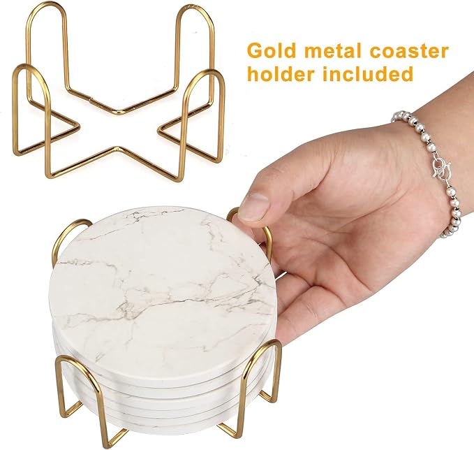 White Marble Coasters Set of 6 Absorbent Ceramic Cute Drink Coaster Holder | - Image 6
