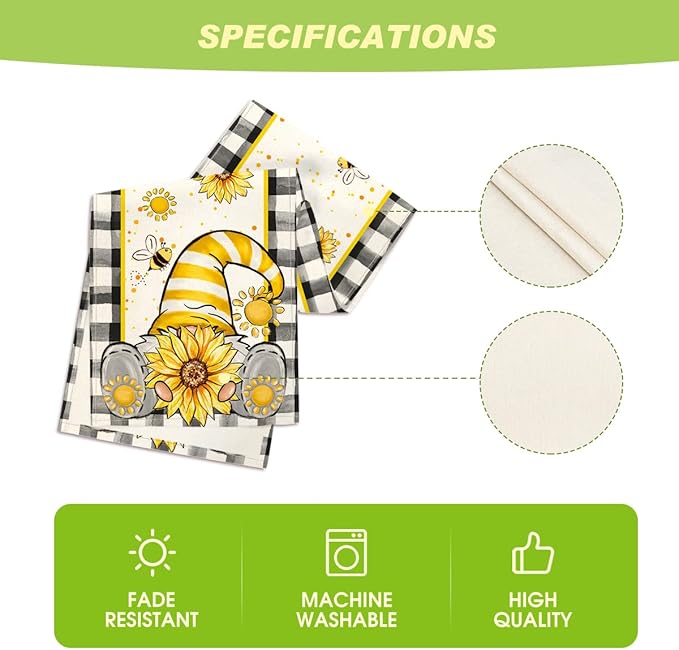 Artoid Mode Buffalo Plaid Sunflower Gnomes Bee Summer Table Runner, Seasonal - Image 5