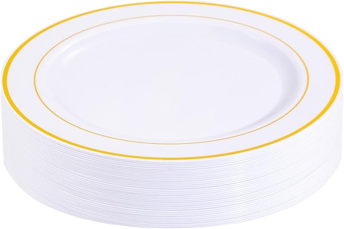 bUCLA 30PCS White and Gold Plastic Dinner Plates Disposable - 10.25inch Premium White Gold Rim Plates, Ideal for Wedding & Party