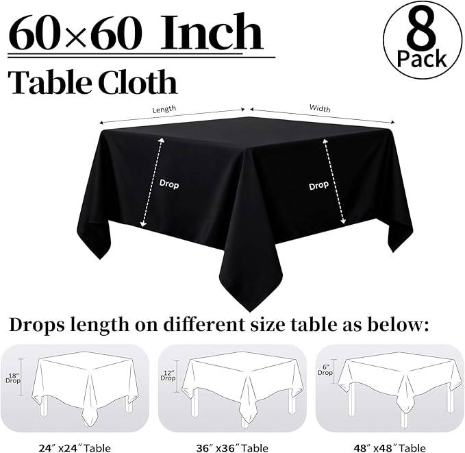 8 Pack Black Square Tablecloth 60x60 Washable Polyester Table Cloth for Square or Round Tables, Wrinkle Resistant Fabric Decorative Covers for Dining Party Banquet Buffet and Wedding