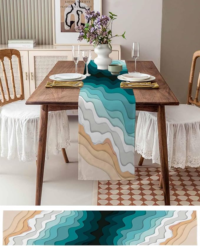 Turquoise Geometric Beach Table Runners 72 Inches Long, Cotton Linen Fabric - Image 6