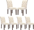 COLAMY Tufted Dining Chairs Set of 6, Accent Parsons Diner Chair Upholstered Fabric Stylish Kitchen Chairs with Solid Wood Legs, Beige