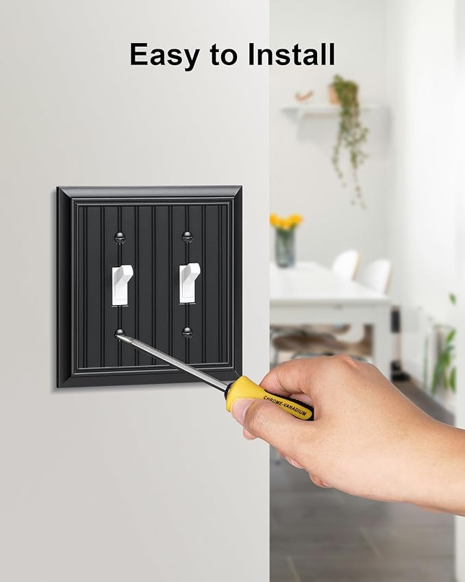 2-Pack Classic Beadboard Double Toggle Light Switch Cover Plate, Durable Natural Bamboo Fiber Decorative Switch Plate Covers, Matte Black 2 Gang Wall Plate