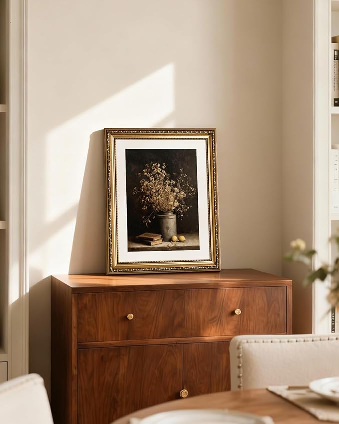 InSimSea Gold Picture Framed Wall Art, Living Room Vintage Dried Flowers Vase Wall Decor, Dark Moody Still Life Canvas Print Art, Home Farmhouse Decor, Antique Paintings with Frame 13x16inch