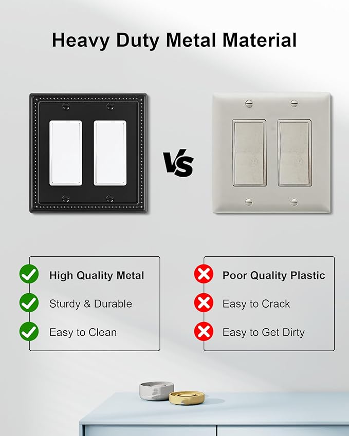 2-Pack Triple Toggle Light Switch Cover Plate, Pearls Decorative Switch Plate Covers, Black 3 Gang Metal Wall Plate, Corrosion Resistant