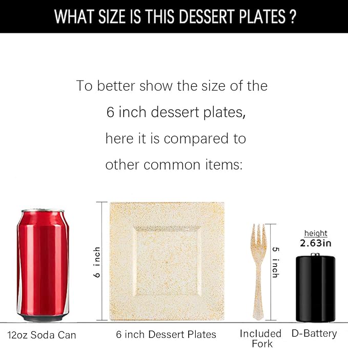 DaYammi 200Pcs Gold Dessert Plates Including 100Pcs Appetizer Plates 6",100Pcs Plastic Forks 5.7",Gold Glitter Plastic Square Plate for Party,Gold Salad Plate and Cake Forks for Party Wedding