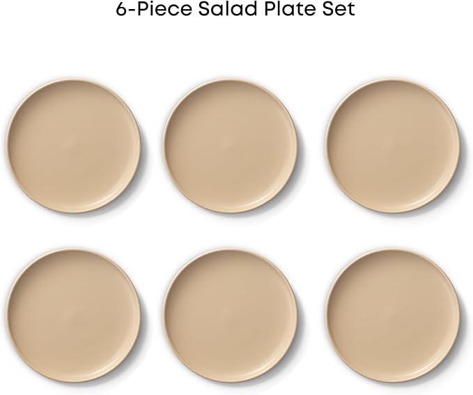 JoyJolt Mesa Stoneware Salad Plates, 8" Round Lunch Plates, Dishwasher and Microwave Safe Plate Set of 6, Modern Rustic Dinnerware, Appetizer Dessert or Dinner Sides Kitchen Dishes - Matte Beige