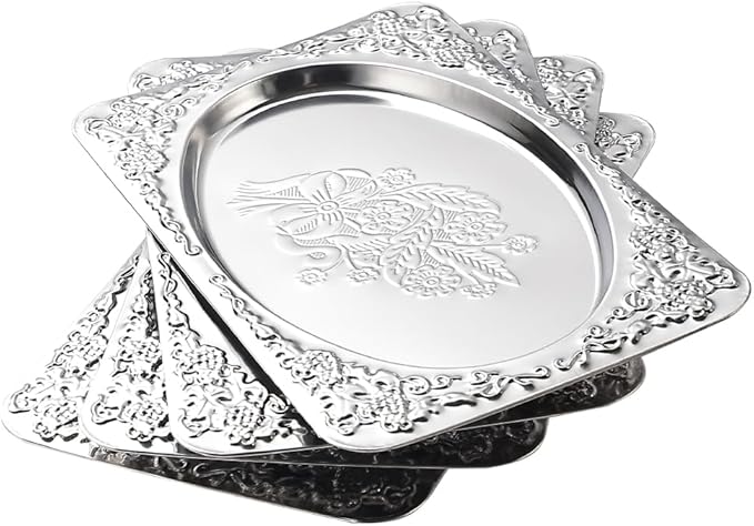 4-Pack Small Silver Serving Trays Set - ZENOVLUX Oval Vintage Engraved Mirror Decorative Tray, 11.4" x 7" Party Platters for Valentine's Day, Food, Appetizer, Charcuterie, Cookies, Desserts