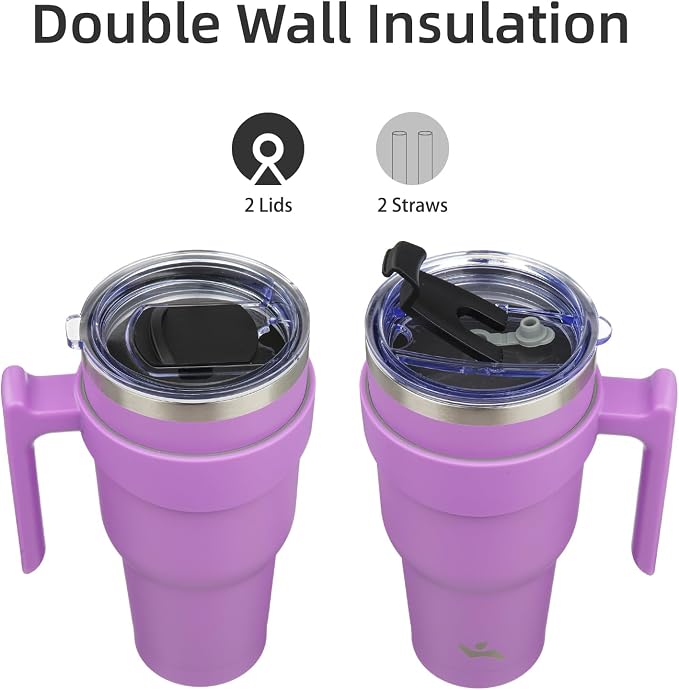 Konokyo 30 oz Tumbler with Handle and Straw, Insulated Travel Mug | Lavender; - Image 3