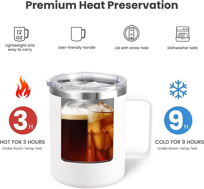 MEWAY 12oz Coffee Mug With Handle and Sliding Lid, Stainless Steel Travel - Image 3