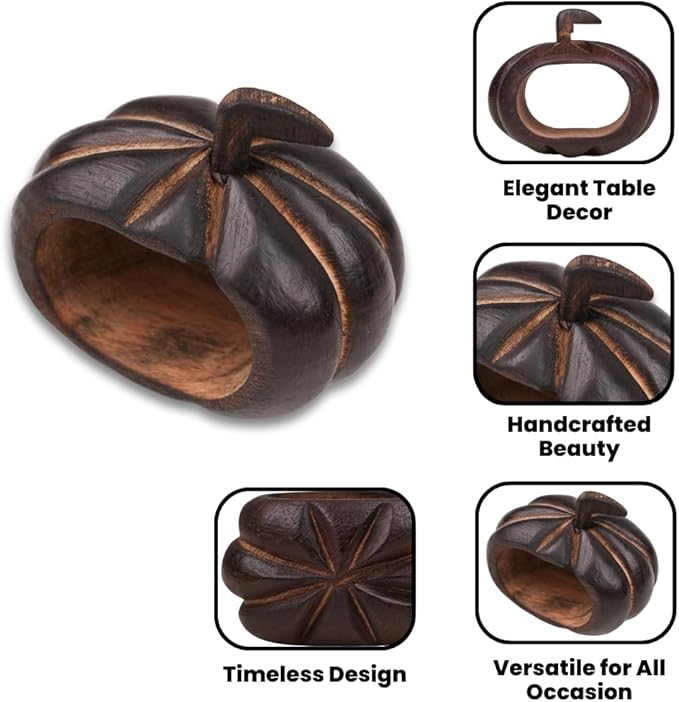 Lightnpro 6 Pack Wooden Pumpkin Design Napkin Rings for Fall and Halloween Table Decor, Rustic Pumpkin-Shaped, Perfect for Thanksgiving and Autumn Celebrations - Natural Burnt