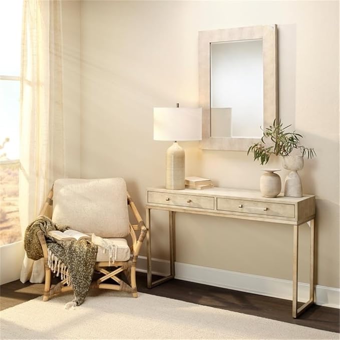 Eden Home 2-Drawer Transitional Faux Leather Console Table in Cream
