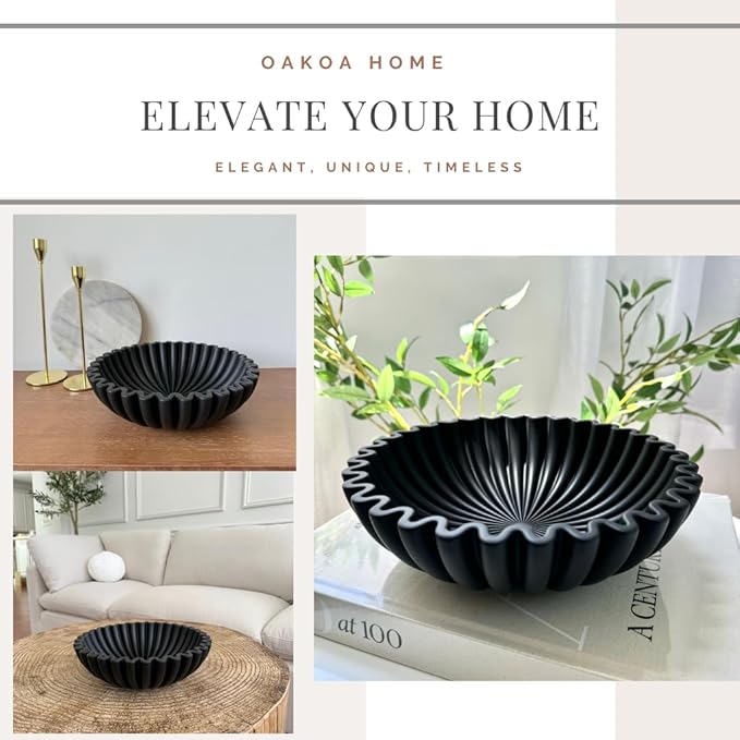 OAKOA Concrete Black Decorative Bowl for Home Decor - Black Fruit Bowl for Kitchen Counter - Black Bowl Decor - Modern Fruit Bowl Black - Centerpiece Bowl