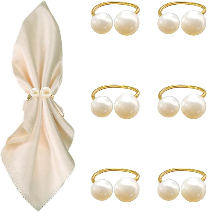 6 Pcs Gold Napkin Rings - Pearl Napkin Rings,Metal Napkin Ring for Table Settings Wedding Christmas Party Dinner Table