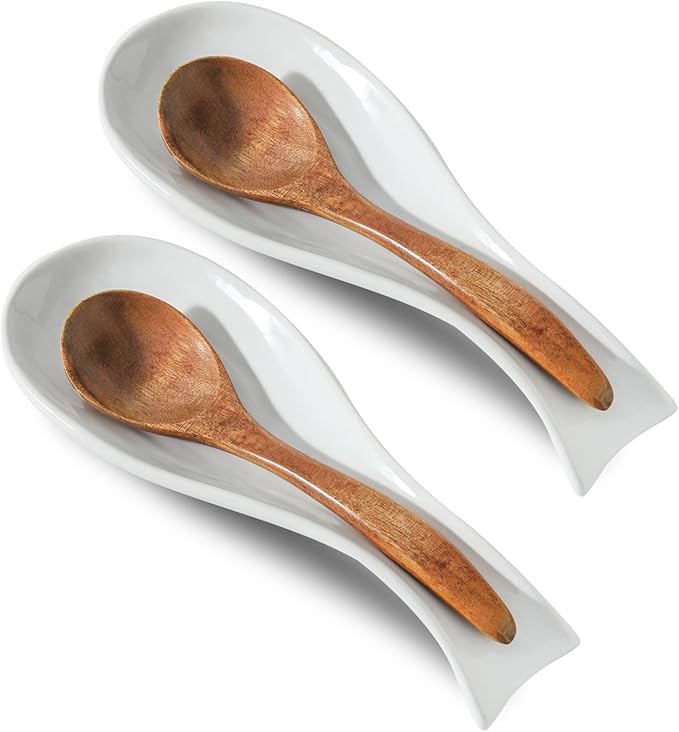 Ceramic Spoon Rest for Stove Top,Large 8.7 Inch Spoon Holder for Kitchen Counter,Porcelain Utensil Rest for Thankgiving and Christmas Gift,Dishwasher Safe and Heat-Resistant,White(2 PC)
