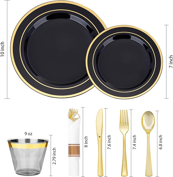 350 PCS Black Plastic Dinnerware Set for 50 Guests, 100 Disposable Plates for Party, 50 Pre Rolled Napkins with Gold Silverware, 50 Cups for Graduation