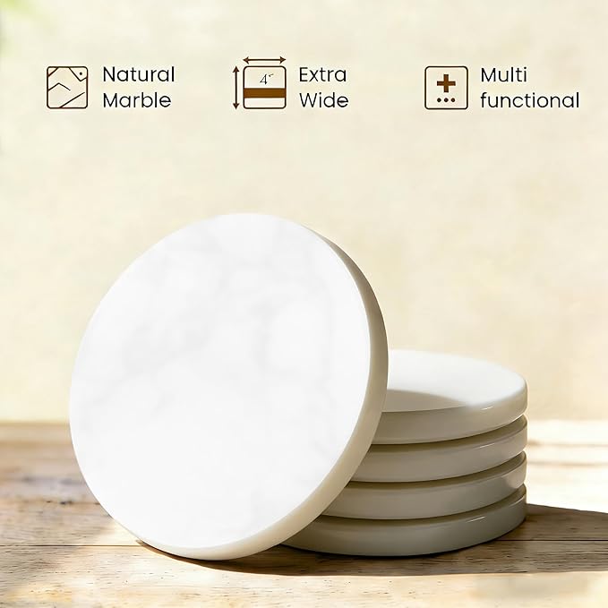 Natural Marble Coasters, Round Costers, Luxury Aesthetic Modern Decor for Coffee Table Bar Kitchen Home, White Marble, Real Natural Semi Absorbent Stone Coasters