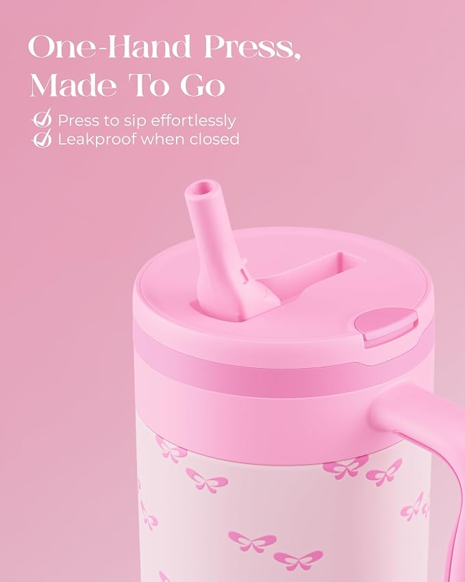 40 oz Insulated Tumbler with Handle and Push-Button Straw Lid, Stainless Steel - Image 3