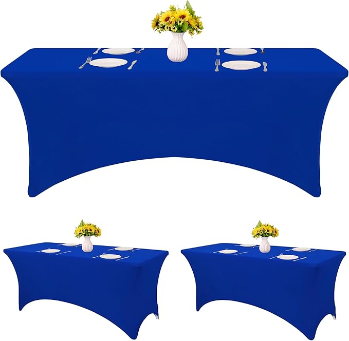HAISIWLKJ 3 Pack Table Cloth 8ft Royal Blue Tablecloths for Rectangle Folding Table Spandex Fitted Stretch Cover Wrinkle Resistant Washable Protector for Party, Wedding, Banquet, Festival.