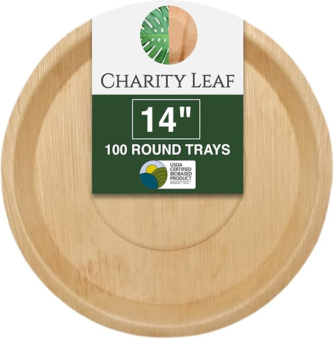 Charity Leaf Disposable Palm Leaf 14" Round Trays (100 pieces) Bamboo Like Serving Platters, Disposable Boards, Eco-Friendly Dinnerware For Weddings, Catering, Events