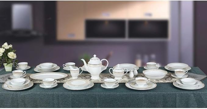 UKN 57 Piece Gold and Match Dinnerware Set-New Bone China Service for 8 People Banded Formal Round Dishwasher Safe