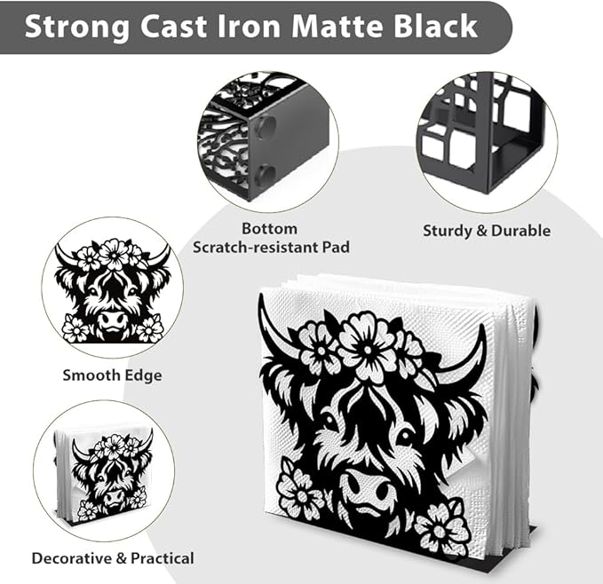 Highland Cow Decorative Black Metal Napkin Holder for Table, 5.3" x 4.8" x 2" Animal Flower Standing Napkin Holder for Home Kitchen Restaurant Picnic Party Coffee Bar Dining Room