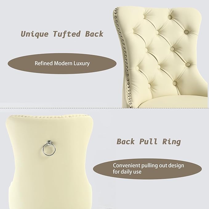 KCC Faux Leather Dining Chairs Set of 2, Upholstered High-end Tufted Dining Room Chair with Nailhead Back Ring Pull Trim Solid Wood Legs, Contemporary Nikki Collection Modern Style for Kitchen, Beige
