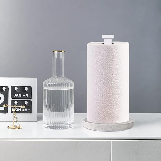 Paper Towel Holder Countertop, Standing Paper Towel Roll Holder for Kitchen Bathroom, with Weighted Marble Base for One-Handed Operation (White), White Marble Paper Towel Holder