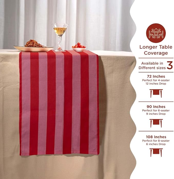 Folkulture Fall Table Runner 90 Inches Long | Pink & Red Vertical Striped | - Image 6