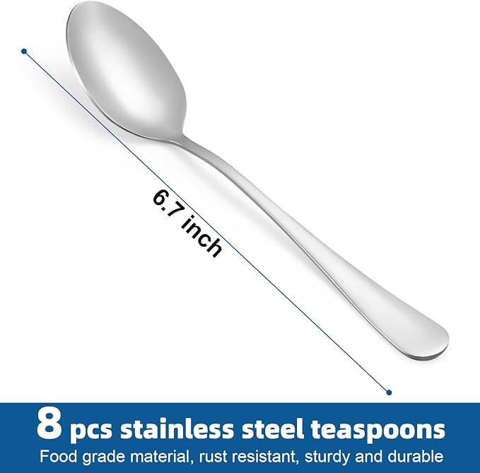 8 Pcs Teaspoons Set, Food-Grade Stainless Steel Spoons Silverware, Cutlery Tea - Image 2