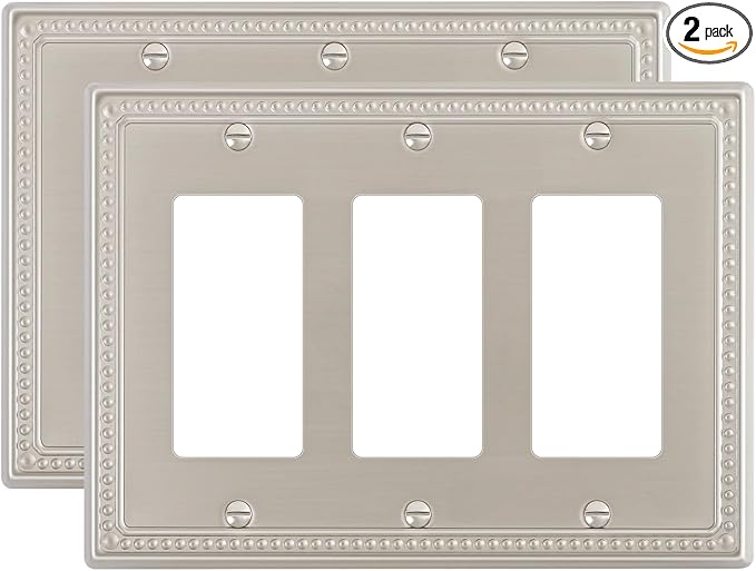 2-Pack Triple Decorator Outlet Cover Plate, Brushed Nickel Pearls Decorative Switch Plates and Outlet Covers, Metal Wall Plates for Electrical Outlets.