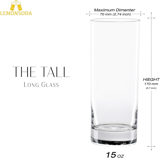 LEMONSODA Premium Highball Glass Set - Elegant Tom Collins 15oz Glasses Set of 6 Tall Drinking Water Glasses - Bar Glassware for Cocktail, Mojito, Whiskey (Set of 6)