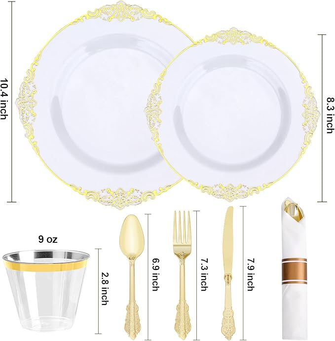 350 PCS White and Gold Plastic Plates, Plastic Dinnerware Set for 50 Guests, 100 Disposable Plates, 150 Silverwares, 50 Cups, 50 Napkins for Party, Wedding, Graduation