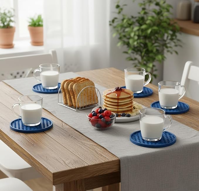 Set of 6 Silicone Coasters, 4'' Drink Coaster with Holder, Round Coasters for Drinks Beer Coffee Home Office Bar Desk Tabletop Protection, Non-Slip Rubber Coaster (Navy Blue, 6 Pcs-Plastic Holder)