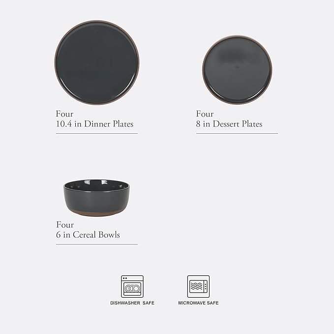 Gibson Elite Northrock Stoneware Dinnerware Set, 12-Piece Service for 4 Plates and Bowls Set – Charcoal Blue Dishes with Hand-Painted Terracotta Base