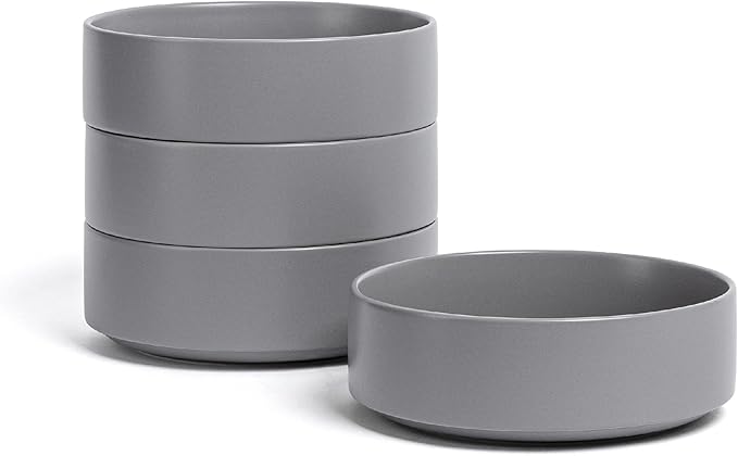 over&back Stackable Cereal Bowl Set - Stoneware Dishes - Comes with 4 Cereal Bowls - Easy-to-Stack Breakfast Place Settings - 6.2" x 6.2" x 2.2" - 25oz - Semi-Matte Charcoal