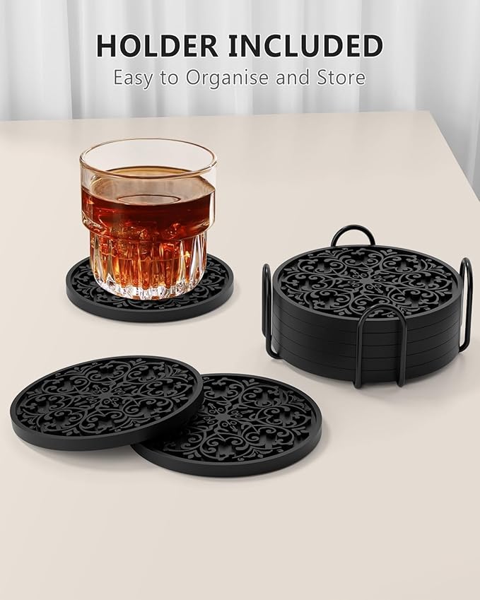 Drink Coasters, Coasters Set of 6 for Cup with Holder, Non-Slip Silicone Cup Mats for Hot and Cold Drinks, Cute Absorbent Coffee Bar Accessories Table Decor, Black