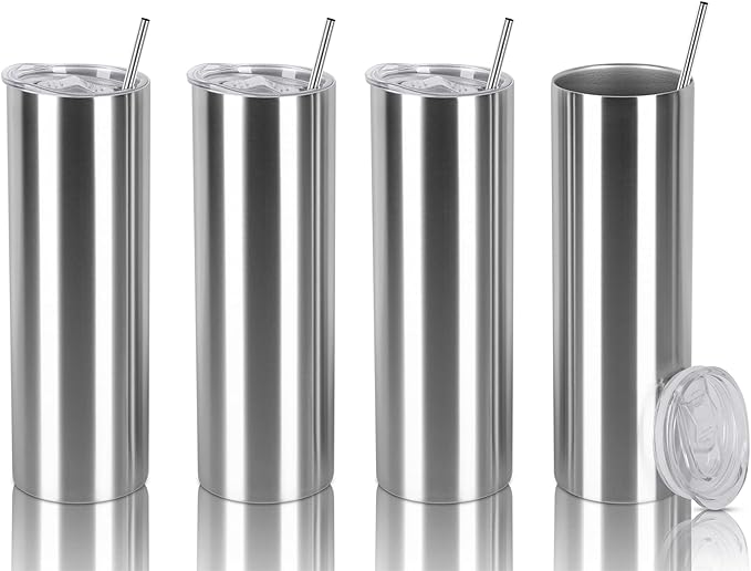 30 Oz Straight Skinny Tumbler Set, Stainless Steel Slim Skinny Travel Tumbler Bulk, Birthday Diy Gift For Women Friends Sisters, 4 Pack, Silver