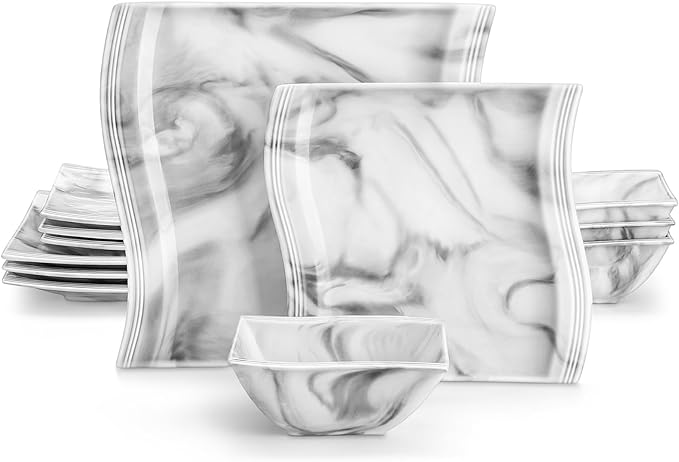 MALACASA Plates and Bowls Set, 12-Piece Modern Porcelain Dinnerware for 4, Marble Square Ceramic Dish Set, Microwave and Dishwasher Safe, Flora Series