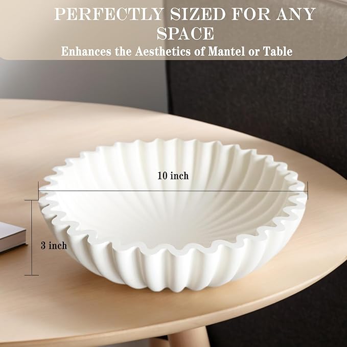 Decorative Bowl for Home Decor - White Large Decorative Fruit Bowls for Candy - Scalloped Ruffle Centerpiece key Bowl - Morden Round 10" Aesthetic Coffee Entry Table Decor With Wood Beads