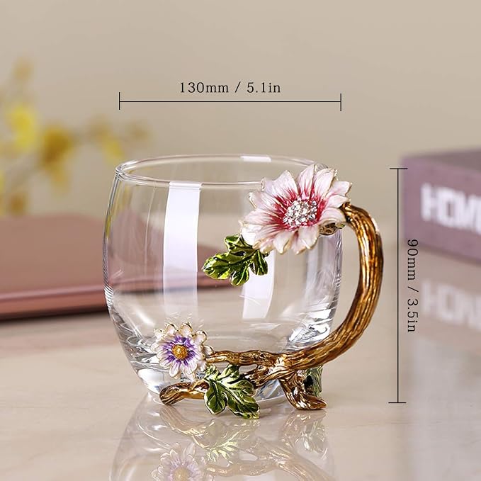 Enamel Sunflower Crystal Lead-Free Glass Tea Cup - Image 3