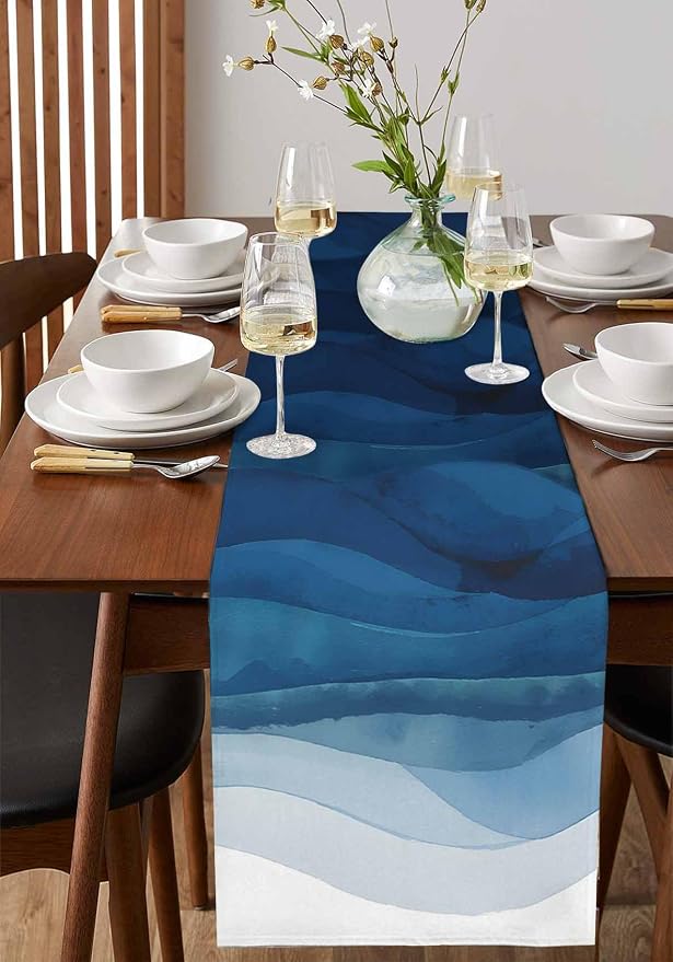 Navy Blue Ombre Table Runners 48 Inches Long, Abstract Modern Stripe Table - Image 2