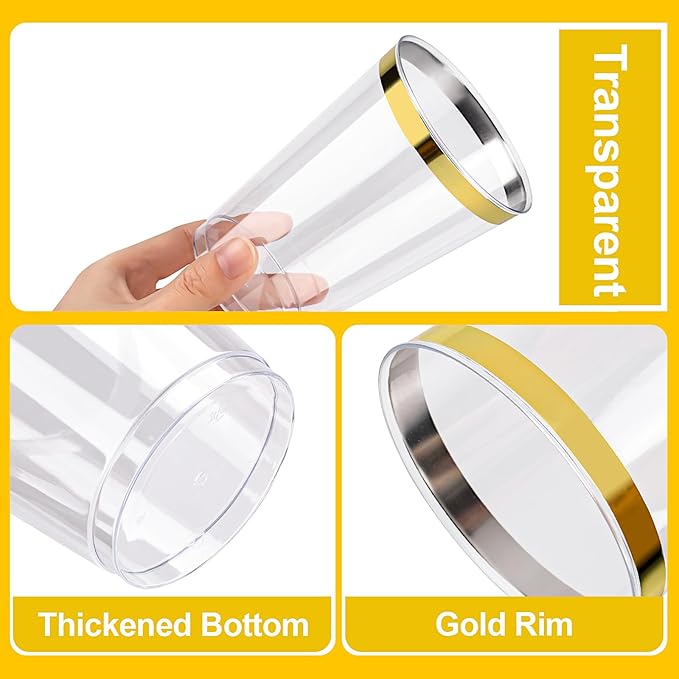 BESTVIP 12oz Gold Plastic Cups, 100 Pack Gold Rimmed Disposable Cups, Heavy-duty Party Cocktail Glasses, Plastic Cups for Party, Holiday, Christmas, Wedding and Birthday