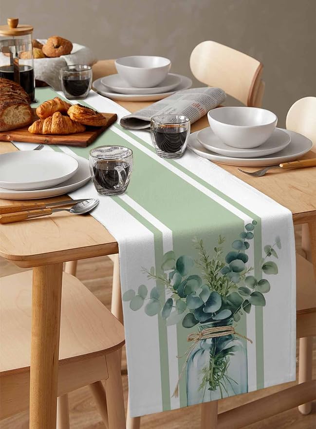 Sage Green Eucalyptus Leaves Table Runners 108 Inches Long, Farmhouse Stripe - Image 3