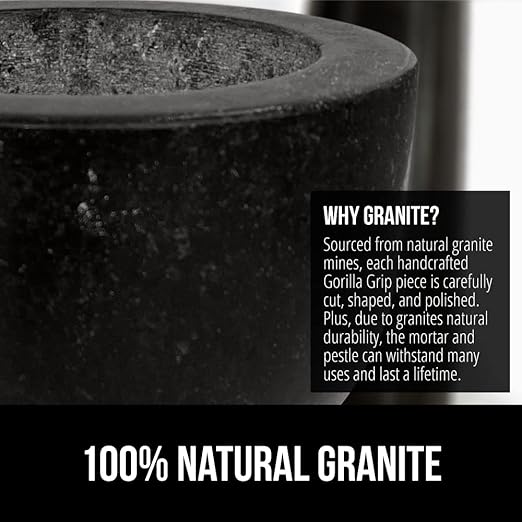 GORILLA GRIP Heavy Duty Mortar and Pestle Set with Slip Resistant Base, 2 Cup, 100% Granite Stone Molcajete Guacamole Bowl, Grind Seeds, Spices, Crush Garlic, Kitchen Muddler for Fresh Herbs, Black