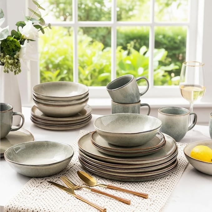 AmorArc Ceramic Dinnerware Sets,Handmade Reactive Glaze Stoneware Plates and Bowls Set,Highly Scratch Resistant | Dishwasher & Microwave Safe Dishes Set,Service for 6 (18pc)