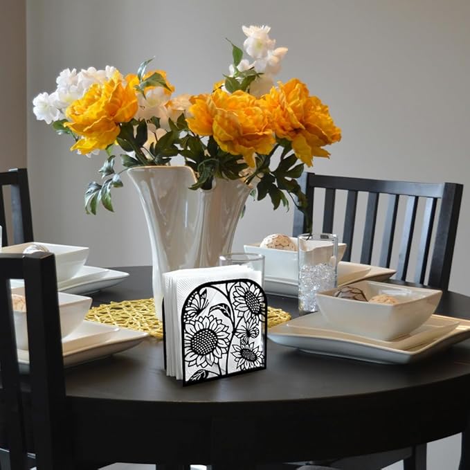 Sunflower and Butterfly Decorative Black Metal Napkin Holder for Table, 4.9" x 4.9" x 1.9" Standing Napkin Holder for Home Kitchen Restaurant Picnic Party Coffee Bar Dining Room